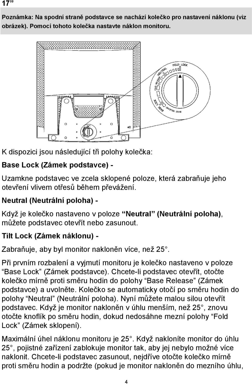 Neutral (Neutrální poloha) - Když je kolečko nastaveno v poloze Neutral (Neutrální poloha), můžete podstavec otevřít nebo zasunout.