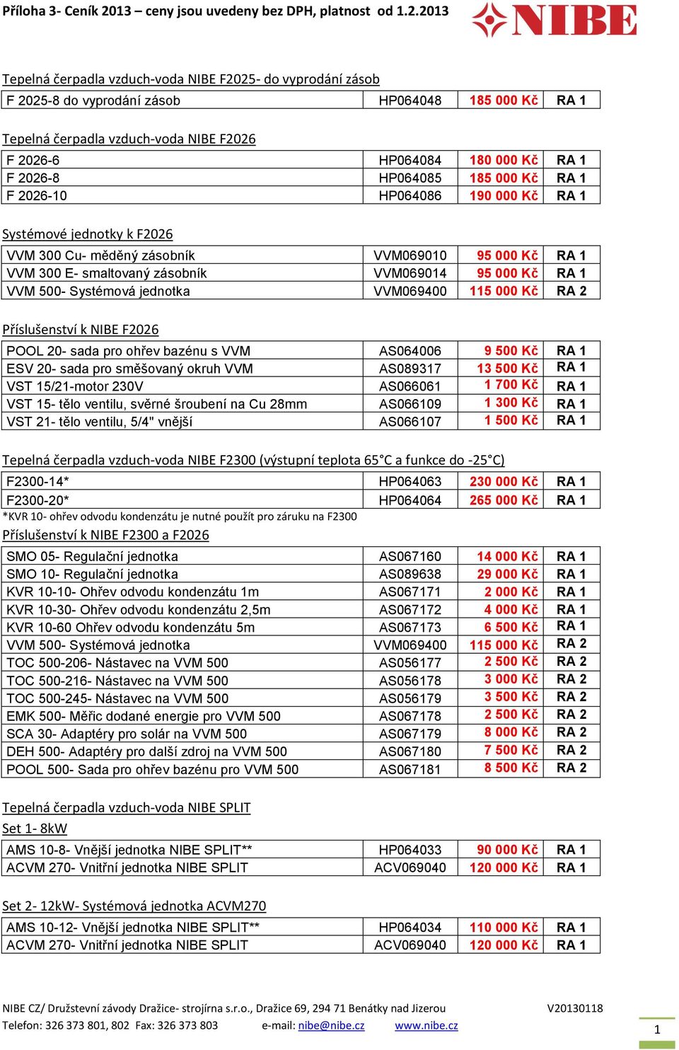 500- Systémová jednotka VVM069400 115 000 Kč RA 2 Příslušenství k NIBE F2026 POOL 20- sada pro ohřev bazénu s VVM AS064006 9 500 Kč RA 1 ESV 20- sada pro směšovaný okruh VVM AS089317 13 500 Kč RA 1