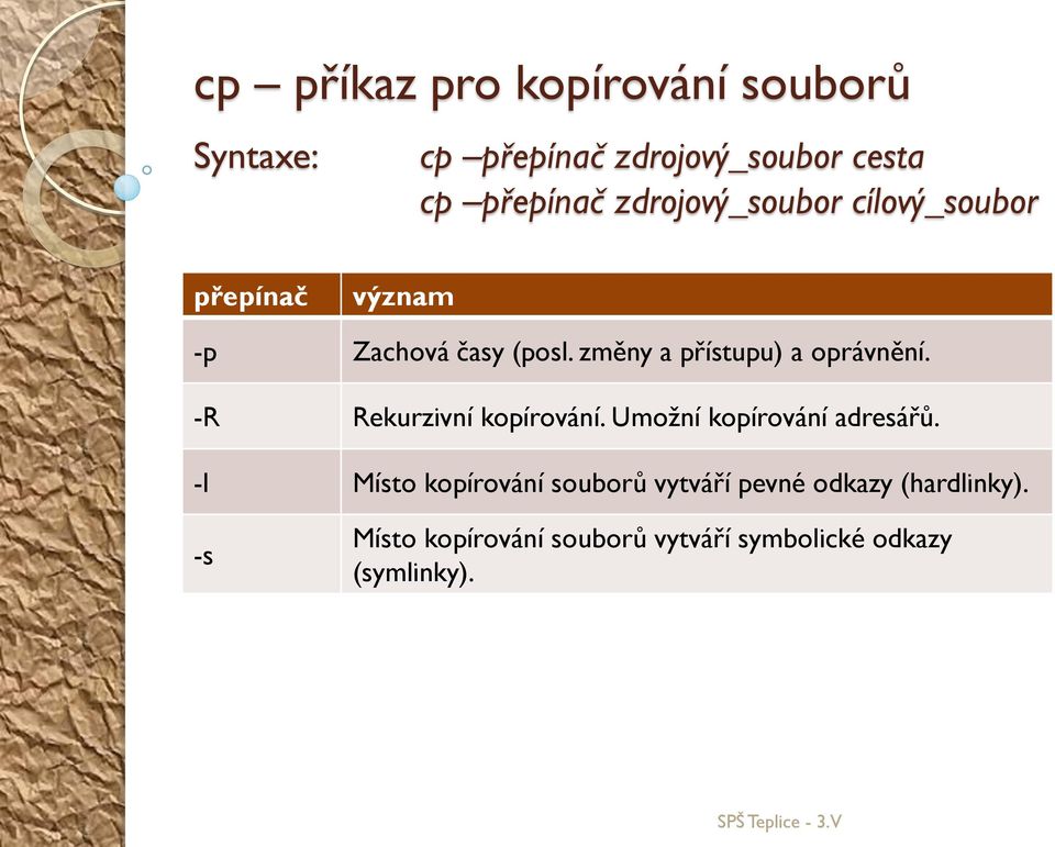 změny a přístupu) a oprávnění. -R Rekurzivní kopírování. Umožní kopírování adresářů.