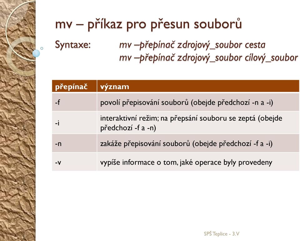 -n a -i) -i interaktivní režim; na přepsání souboru se zeptá (obejde předchozí -f a -n) -n