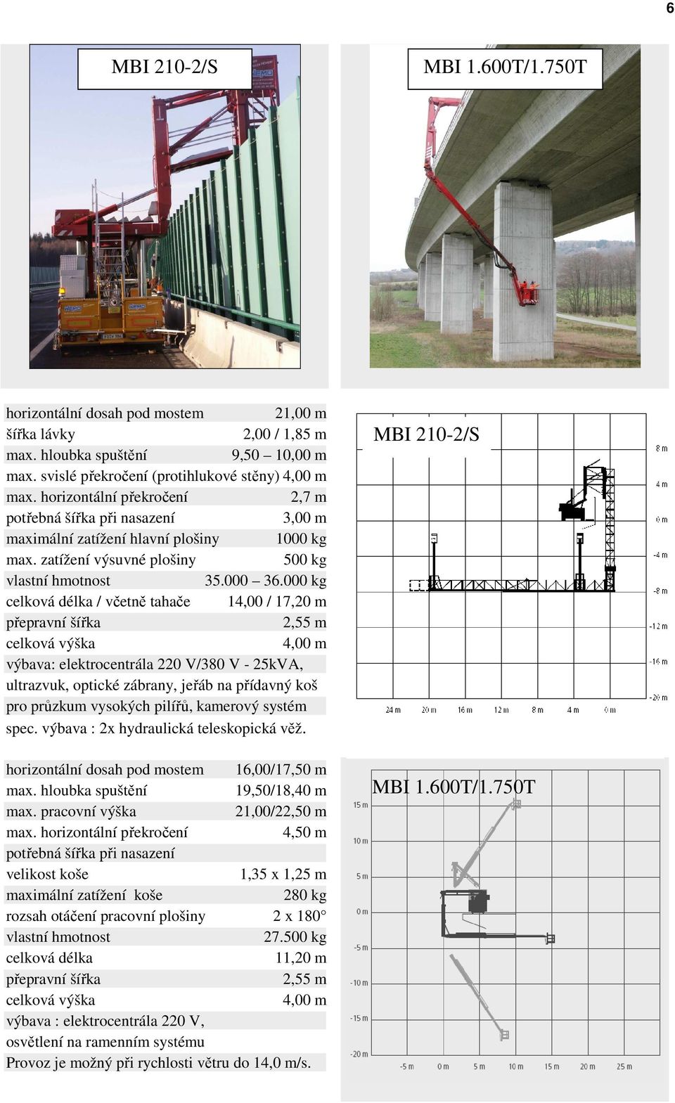 000 kg / včetně tahače 14,00 / 17,20 m výbava: elektrocentrála 220 V/380 V - 25kVA, ultrazvuk, optické zábrany, jeřáb na přídavný koš pro průzkum vysokých pilířů, kamerový systém spec.