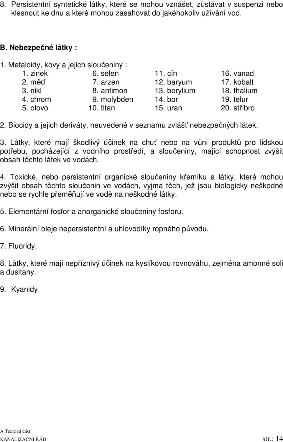 olovo 10. titan 15. uran 20. stříbro 2. Biocidy a jejich deriváty, neuvedené v seznamu zvlášť nebezpečných látek. 3.