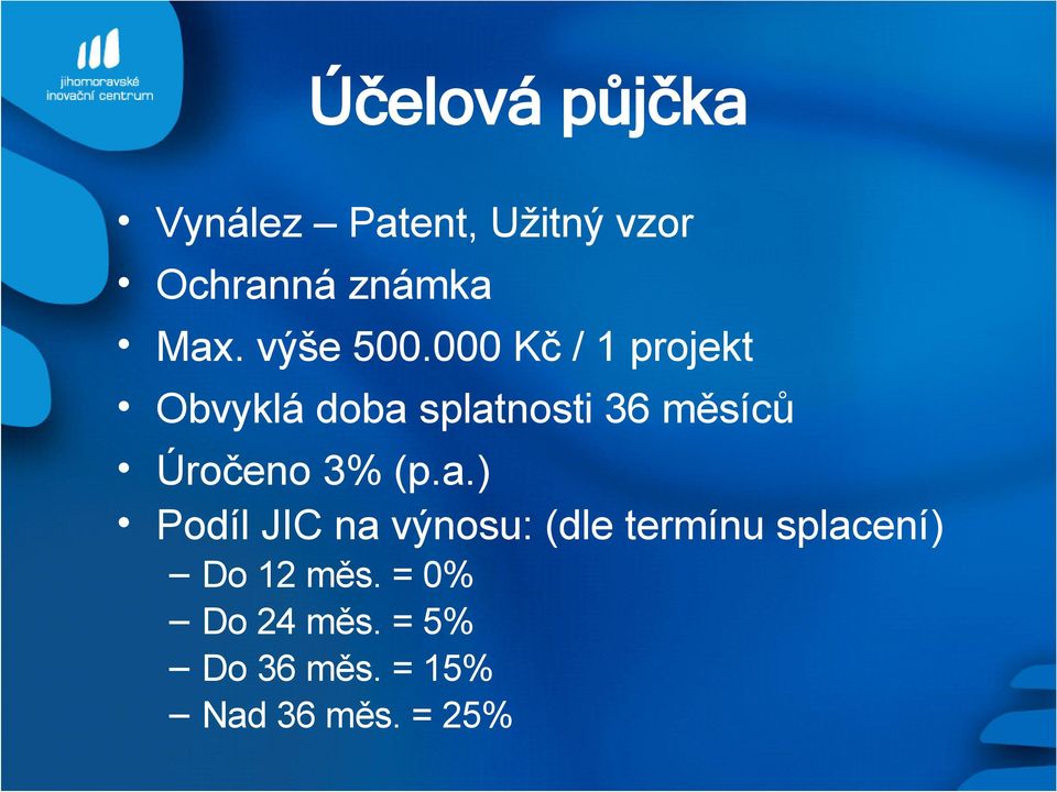 000 Kč / 1 projekt Obvyklá doba splatnosti 36 měsíců Úročeno 3%