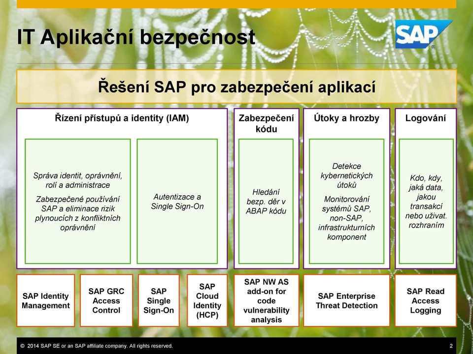 děr v ABAP kódu Detekce kybernetických útoků Monitorování systémů SAP, non-sap, infrastrukturních komponent Kdo, kdy, jaká data, jakou transakcí nebo uživat.