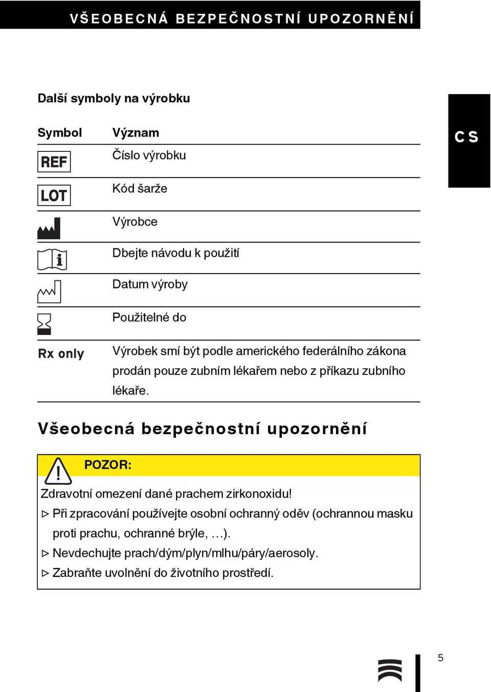 lékaře. Všeobecná bezpečnostní upozornění POZOR: Zdravotní omezení dané prachem zirkonoxidu!