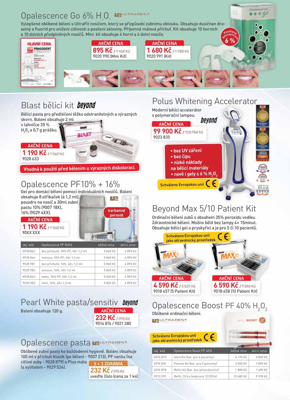 KČNÍ CEN 895 Kč / 1 100 Kč 9020 990 (Mini Kit) KČNÍ CEN 1 680 Kč / 1 780 Kč 9020 991 (Kit) Povolená 6 % koncentrace Blast bělící kit Bělící pasta pro předléčení těžko odstranitelných a výrazných