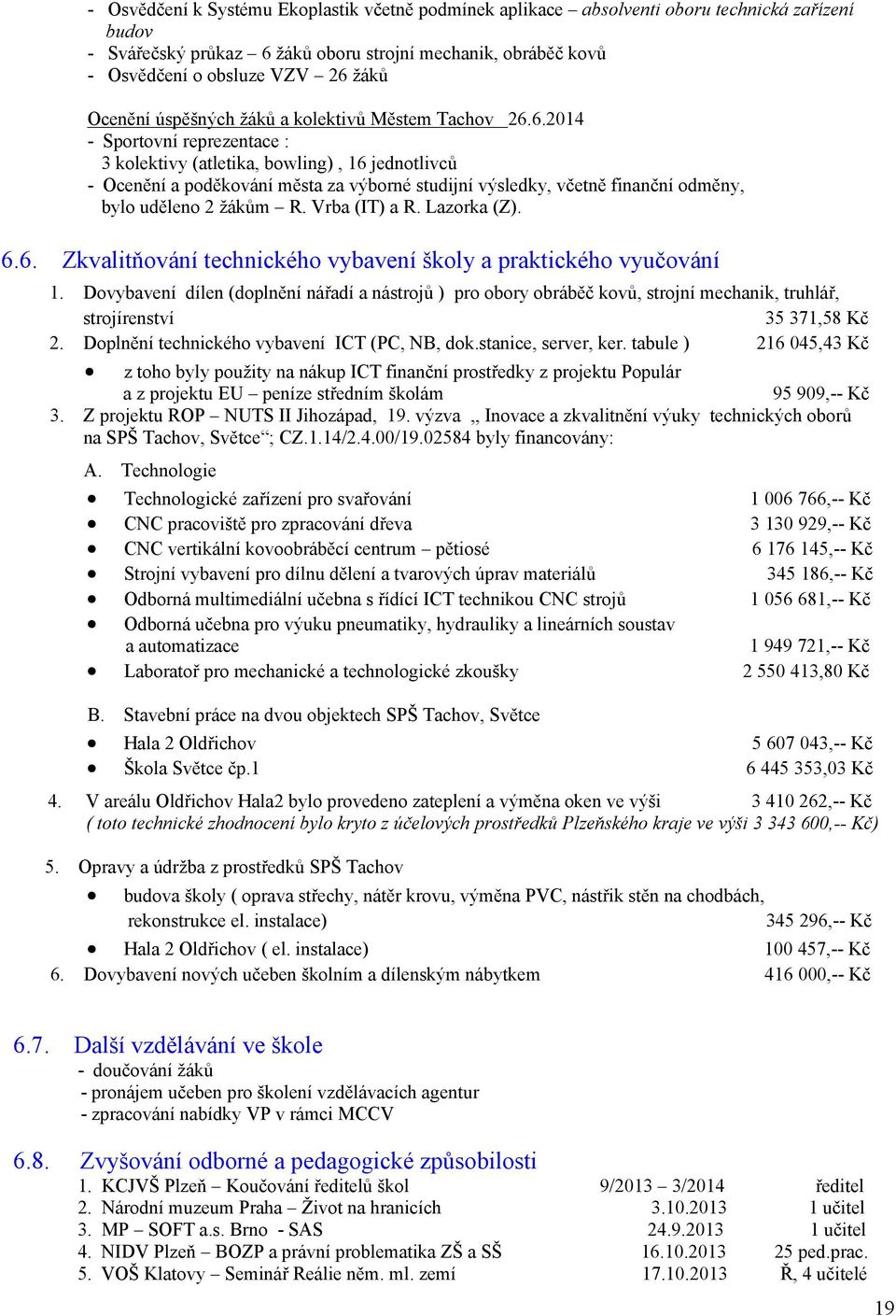 6.24 - Sportovní reprezentace : 3 kolektivy (atletika, bowling), 6 jednotlivců - Ocenění a poděkování města za výborné studijní výsledky, včetně finanční odměny, bylo uděleno 2 žákům R. Vrba (IT) a R.