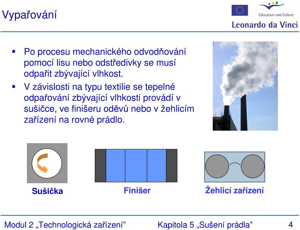 V závislosti na typu textilie se tepelné odpařování zbývající vlhkosti provádí v