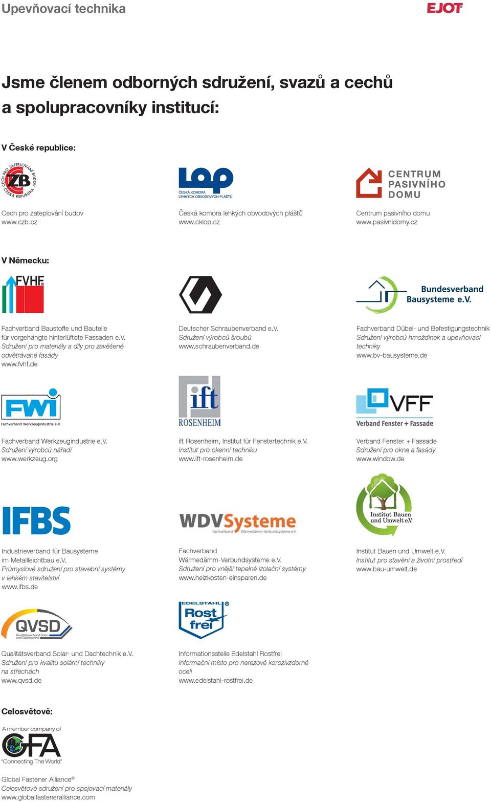 fvhf.de Deutscher Schraubenverband e.v. Sdružení výrobců šroubů www.schraubenverband.de Fachverband Dübel- und Befestigungstechnik Sdružení výrobců hmoždinek a upevňovací techniky www.bv-bausysteme.