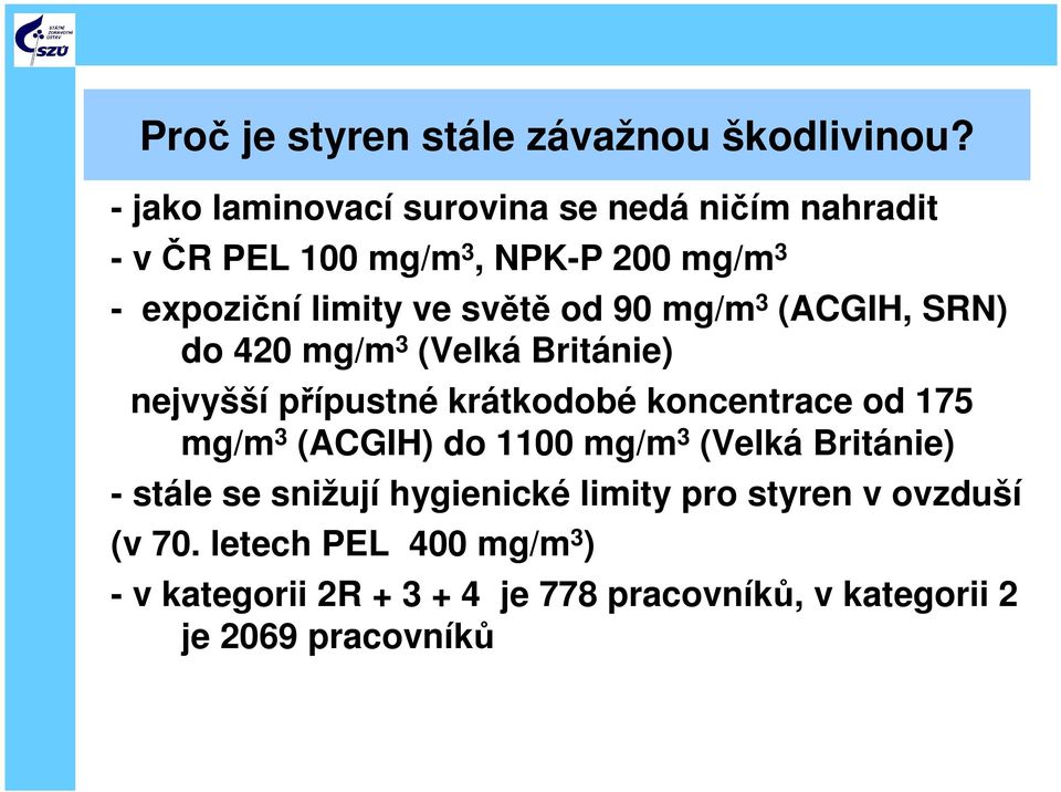 od 90 mg/m 3 (ACGIH, SRN) do 420 mg/m 3 (Velká Británie) nejvyšší přípustné krátkodobé koncentrace od 175 mg/m 3