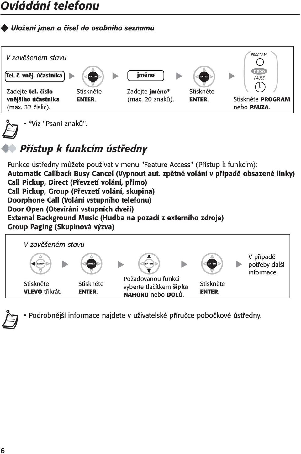 Přístup k funkcím ústředny Funkce ústředny můžete používat v menu "Feature Access" (Přístup k funkcím): Automatic Callback Busy Cancel (Vypnout aut.