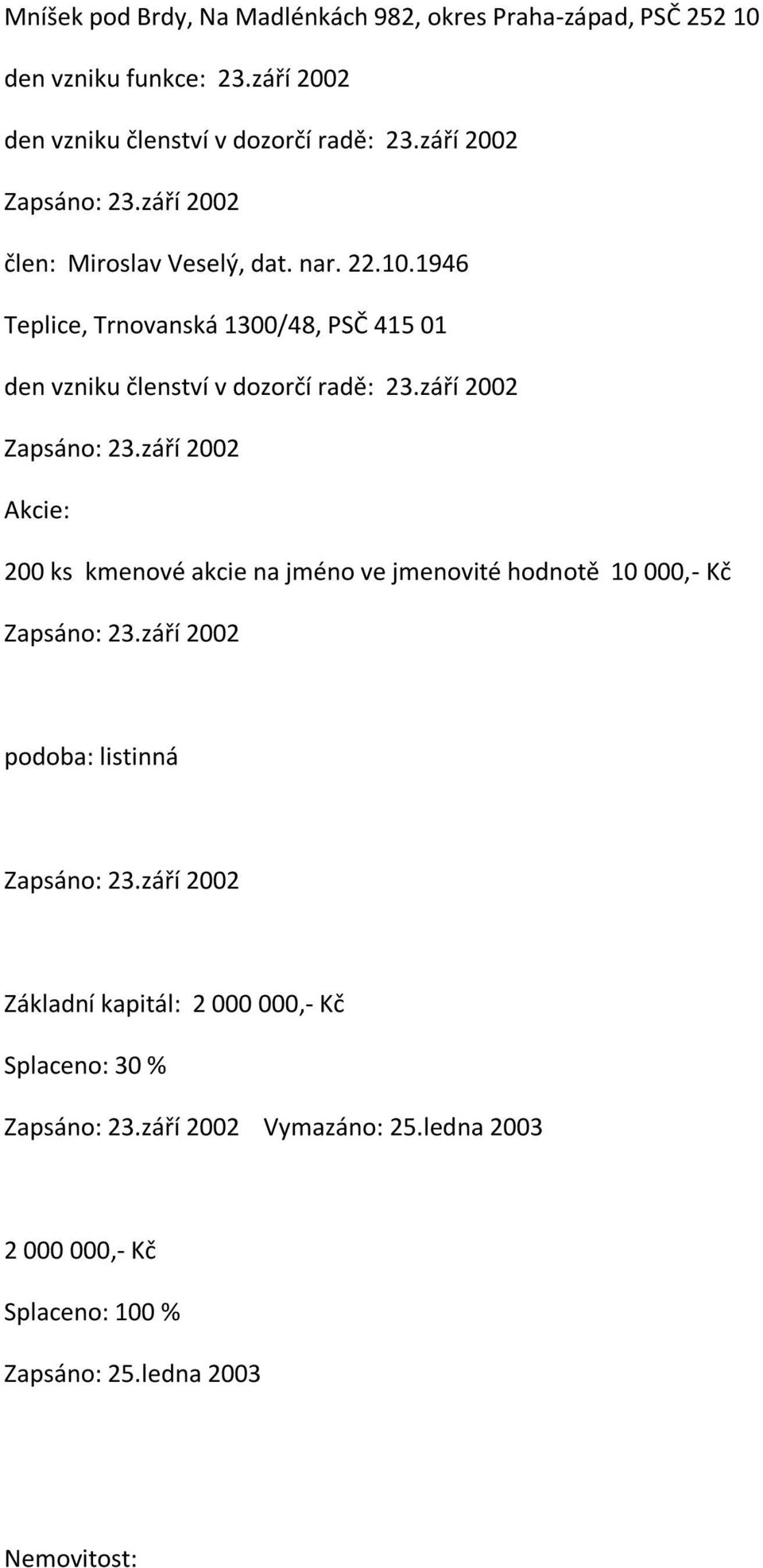 1946 Teplice, Trnovanská 1300/48, PSČ 415 01 den vzniku členství v dozorčí radě: 23.září 2002 Zapsáno: 23.