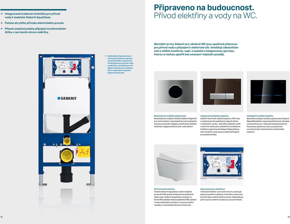 Optimálně připravené pro současné i budoucí nároky na pohodlí díky trubkovým chráničkám pro přívod vody a elektřiny: montážní prvek Geberit Duofix pro závěsná WC s odsáváním zápachu Geberit DuoFresh.