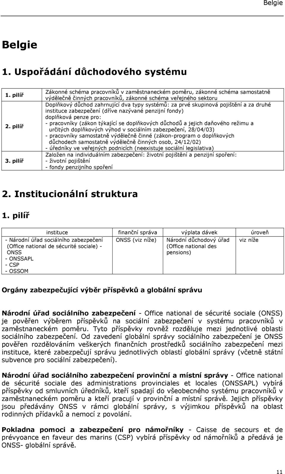 skupinová pojištění a za druhé instituce zabezpečení (dříve nazývané penzijní fondy) doplňková penze pro: - pracovníky (zákon týkající se doplňkových důchodů a jejich daňového režimu a určitých