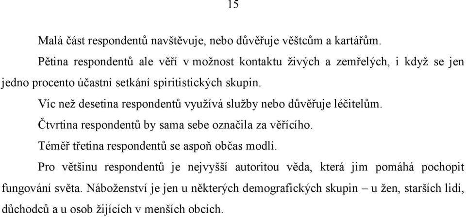 Víc než desetina respondentů využívá služby nebo důvěřuje léčitelům. Čtvrtina respondentů by sama sebe označila za věřícího.