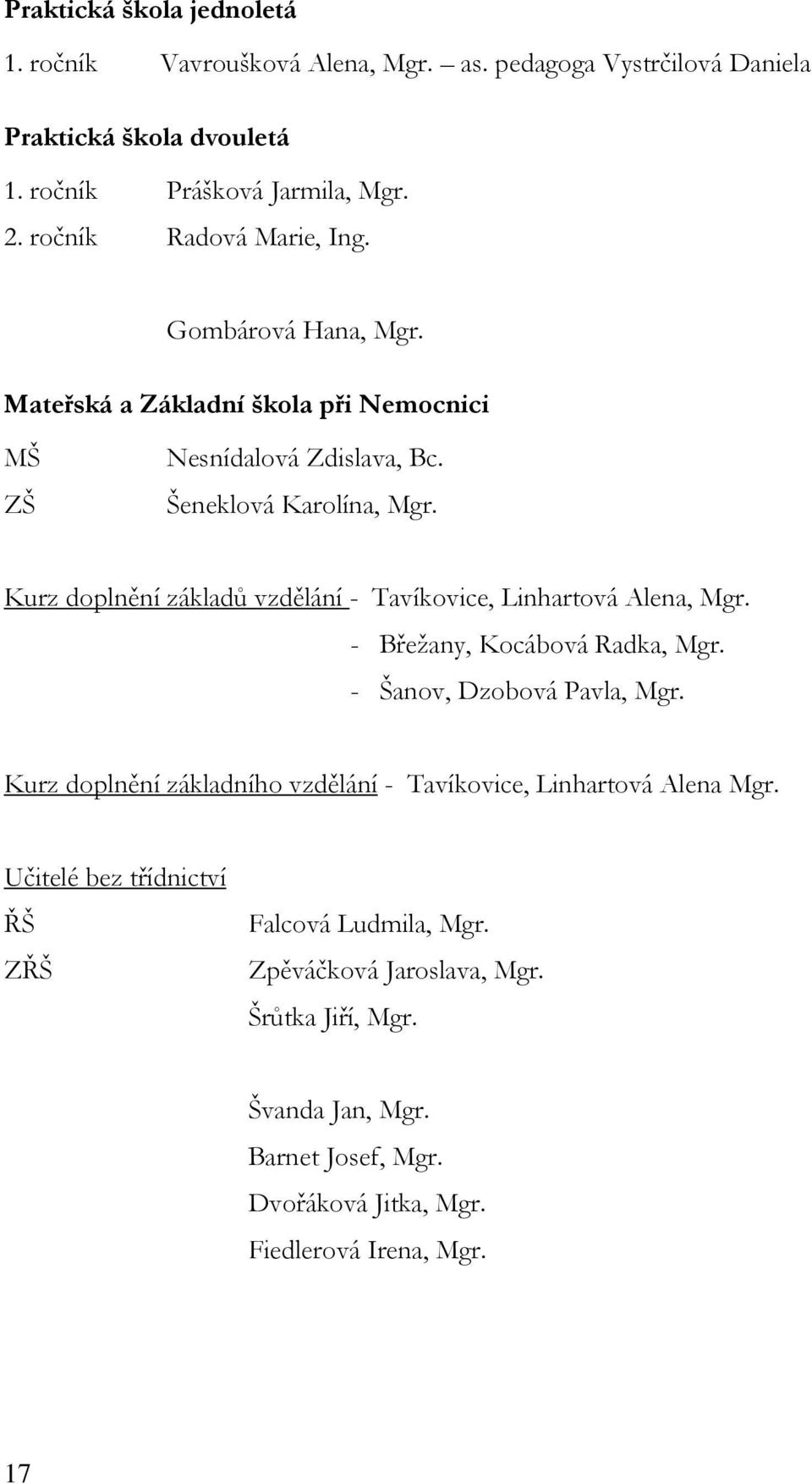 Kurz doplnění základů vzdělání - Tavíkovice, Linhartová Alena, Mgr. - Břežany, Kocábová Radka, Mgr. - Šanov, Dzobová Pavla, Mgr.