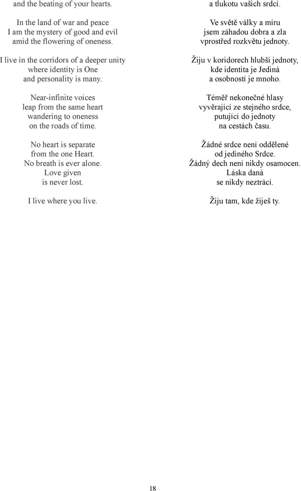 Žiju v koridorech hlubší jednoty, kde identita je Jediná a osobností je mnoho. Near-infinite voices leap from the same heart wandering to oneness on the roads of time.