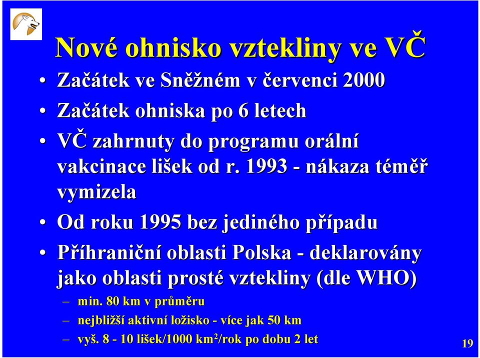 1993 - nákaza téměř vymizela Od roku 1995 bez jediného případu Příhraniční oblasti Polska -