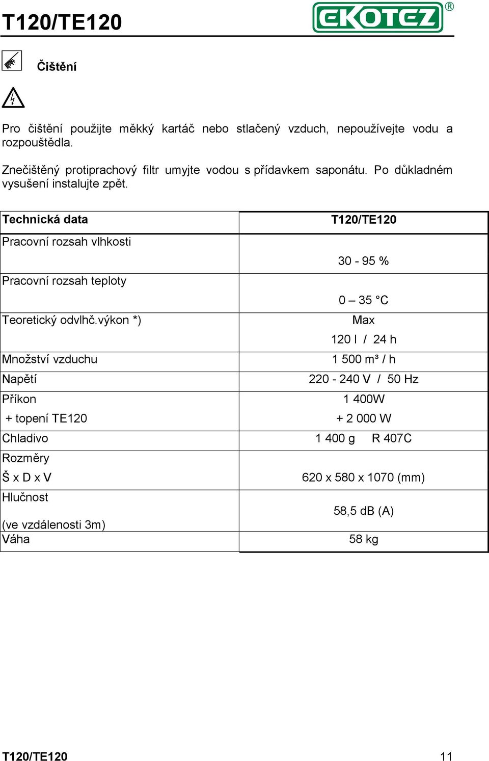 Technická data T120/TE120 Pracovní rozsah vlhkosti 30-95 % Pracovní rozsah teploty 0 35 C Teoretický odvlhč.