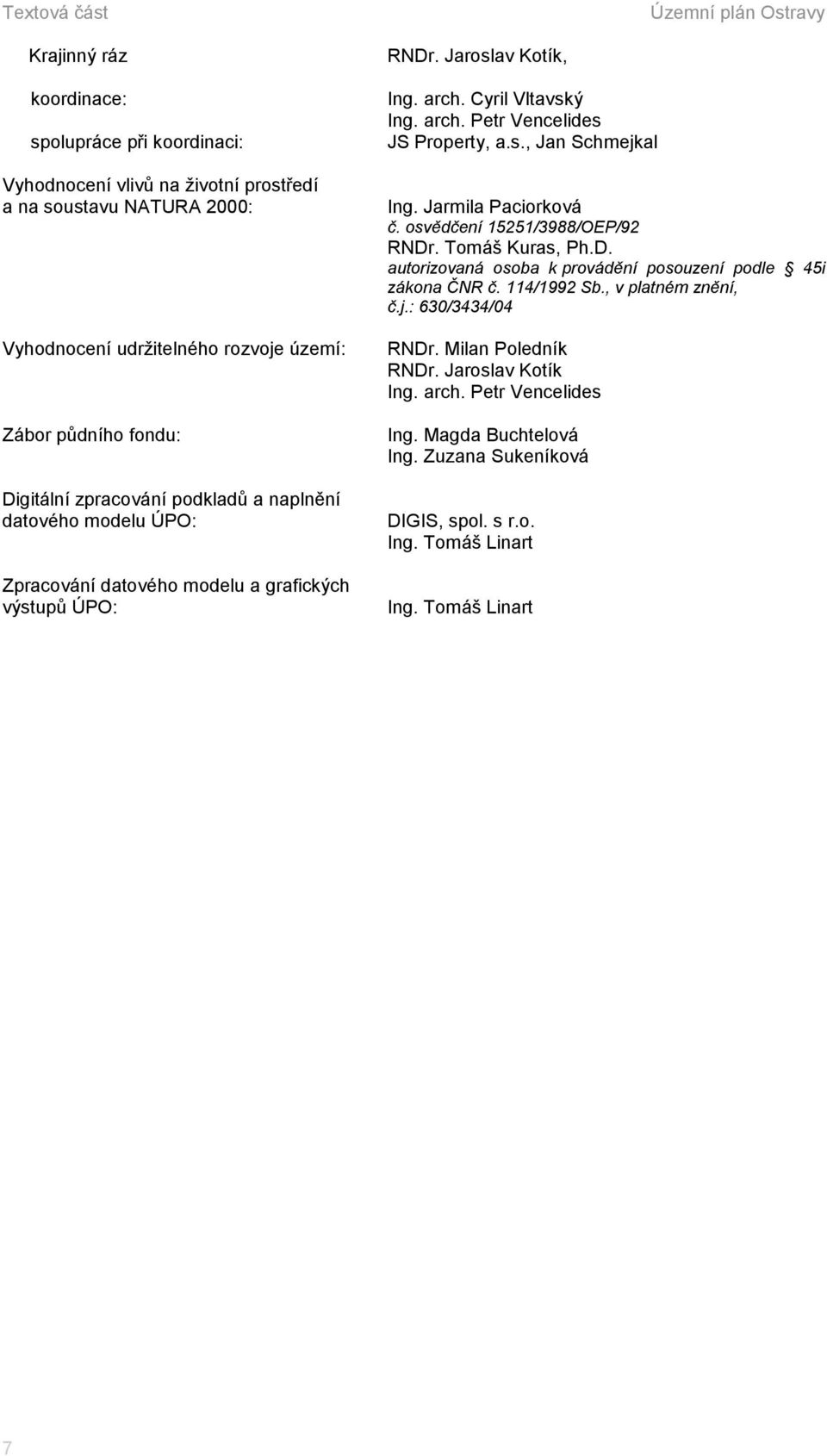 s., Jan Schmejkal Ing. Jarmila Paciorková č. osvědčení 121/3988/OEP/92 RNDr. Tomáš Kuras, Ph.D. autorizovaná osoba k provádění posouzení podle 4i zákona ČNR č. 114/1992 Sb., v platném znění, č.j.: 630/3434/04 RNDr.