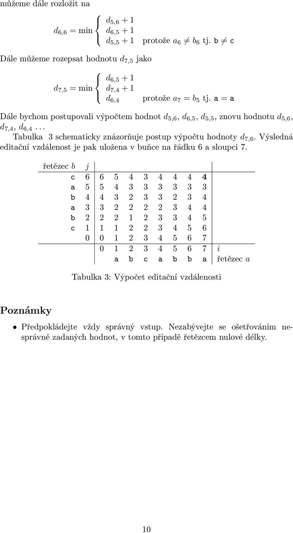 Výsledná editační vzdálenost je pak uložena v buňce na řádku 6 a sloupci 7.