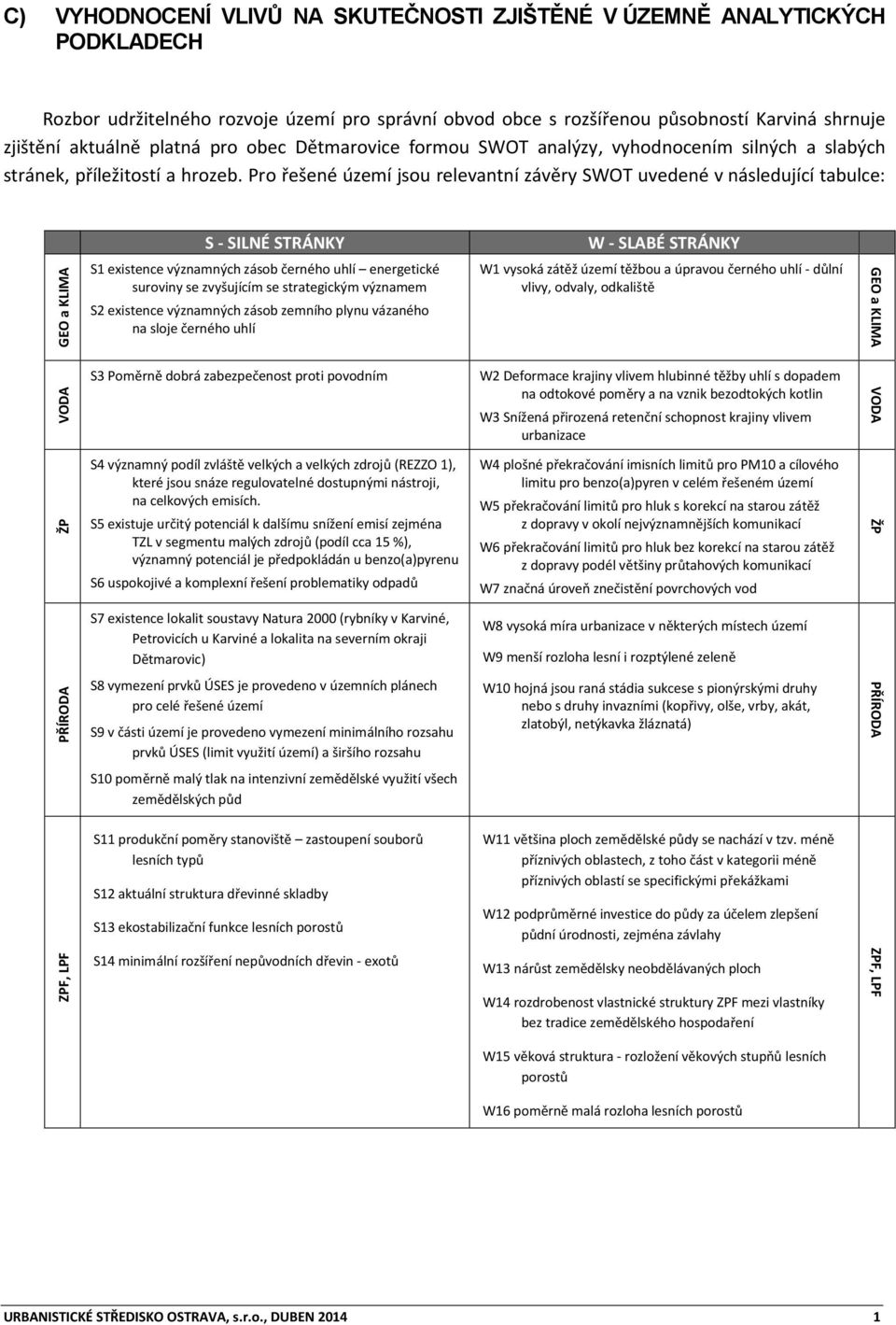 Pro řešené území jsou relevantní závěry SWOT uvedené v následující tabulce: S - SILNÉ STRÁNKY W - SLABÉ STRÁNKY GEO a KLIMA S1 existence významných zásob černého uhlí energetické suroviny se