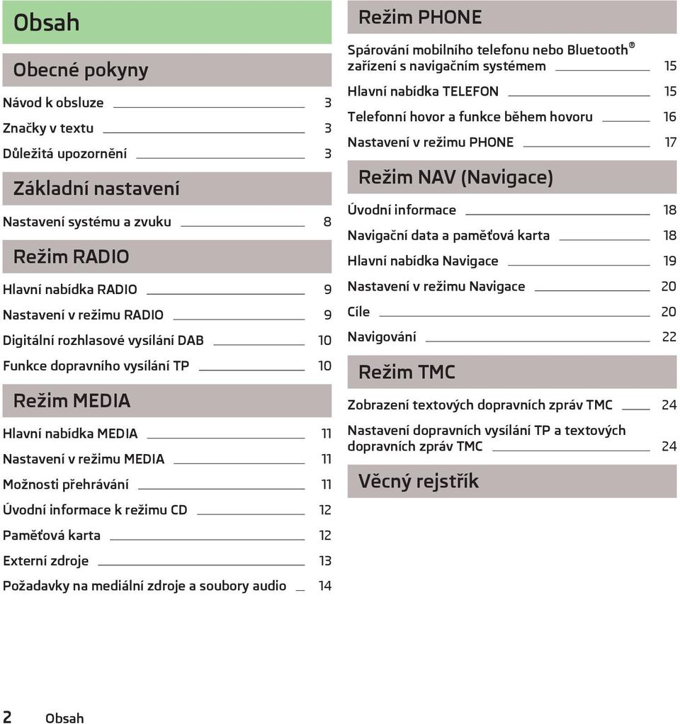 Externí zdroje 13 Požadavky na mediální zdroje a soubory audio 14 Režim PHONE Spárování mobilního telefonu nebo Bluetooth zařízení s navigačním systémem 15 Hlavní nabídka TELEFON 15 Telefonní hovor a
