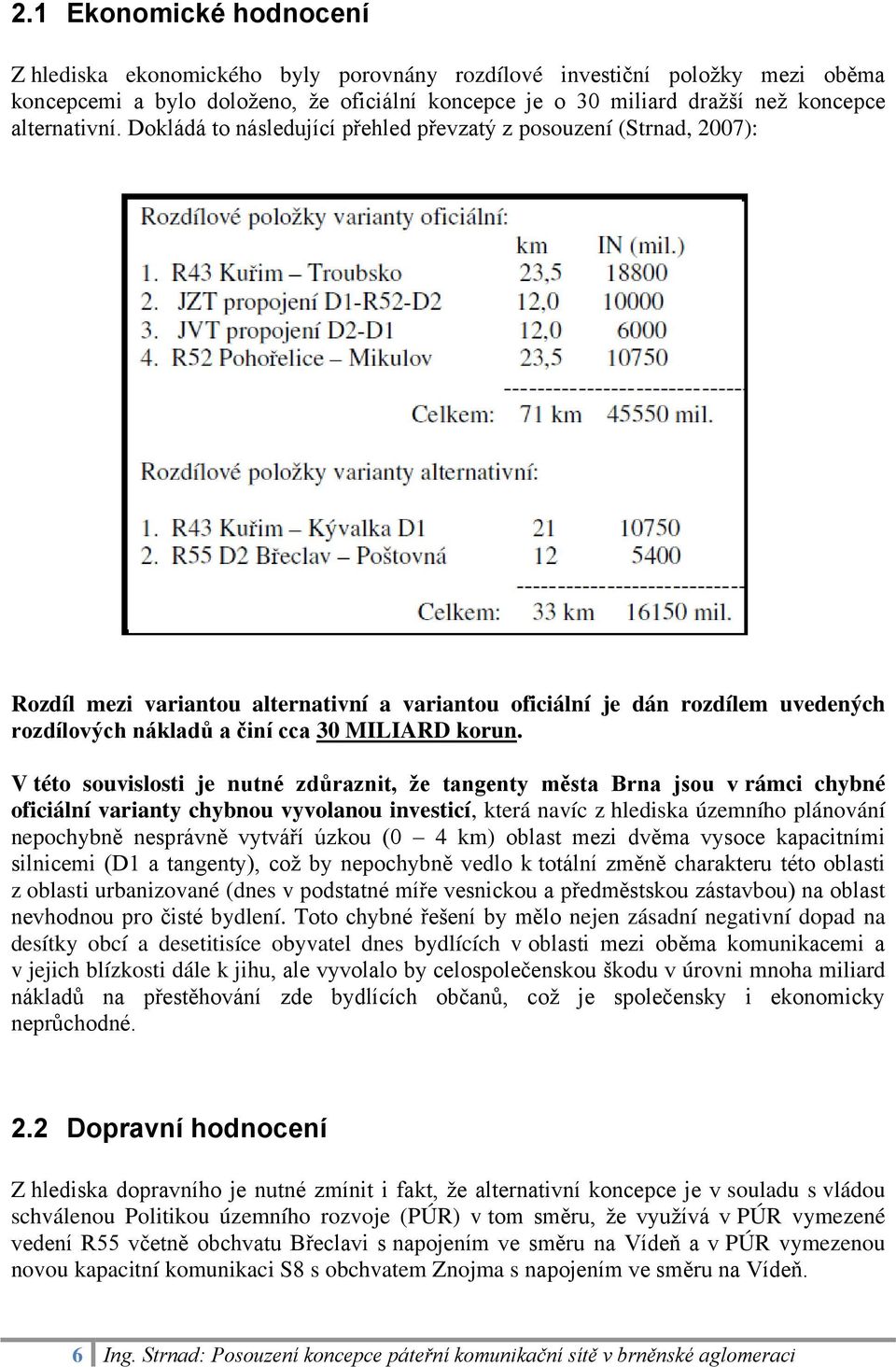 Dokládá to následující přehled převzatý z posouzení (Strnad, 2007): Rozdíl mezi variantou alternativní a variantou oficiální je dán rozdílem uvedených rozdílových nákladů a činí cca 30 MILIARD korun.