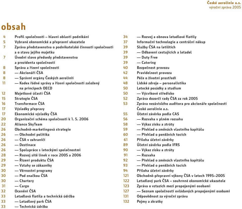OECD 12 Majetkové účasti ČSA 15 Strategie ČSA 16 Transformace ČSA 17 Výsledky přepravy 17 Ekonomické výsledky ČSA 20 Organizační schéma společnosti k 1. 5.