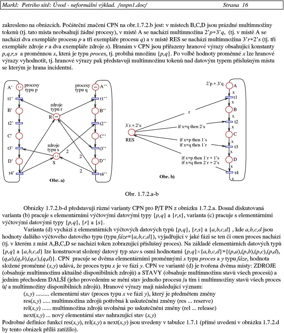 v místě A se nachází dva eempláře procesu p a tři eempláře procesu q) a v místě RES se nachází multimnožina 3 r+2 s (tj. tři eempláře zdroje r a dva eempláře zdroje s).