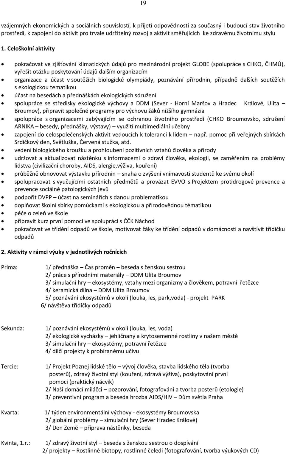 Celoškolní aktivity pokračovat ve zjišťování klimatických údajů pro mezinárodní projekt GLOBE (spolupráce s CHKO, ČHMÚ), vyřešit otázku poskytování údajů dalším organizacím organizace a účast v