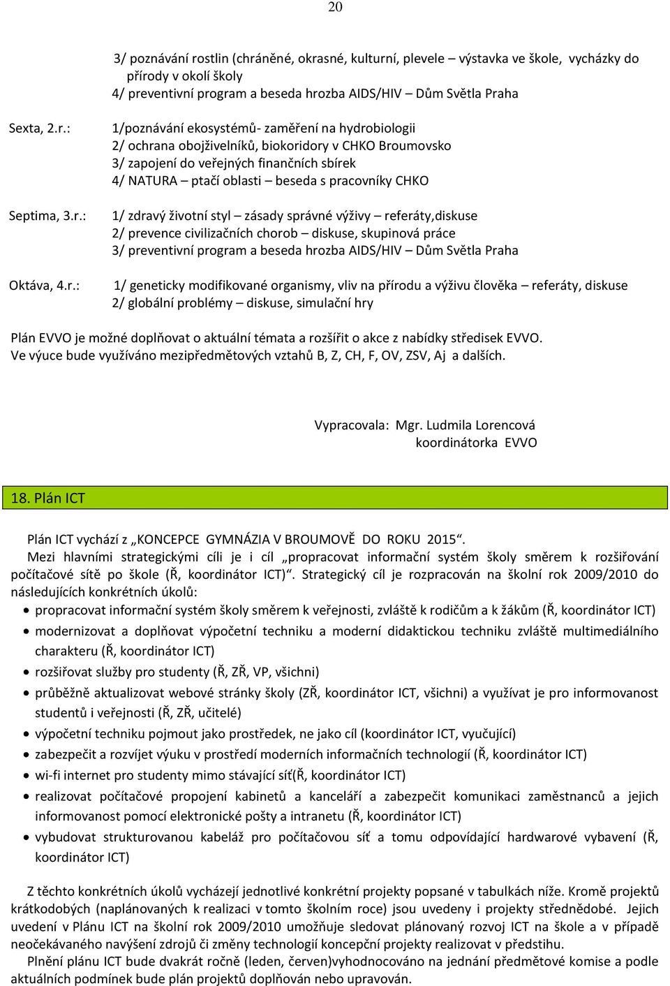 pracovníky CHKO 1/ zdravý životní styl zásady správné výživy referáty,diskuse 2/ prevence civilizačních chorob diskuse, skupinová práce 3/ preventivní program a beseda hrozba AIDS/HIV Dům Světla