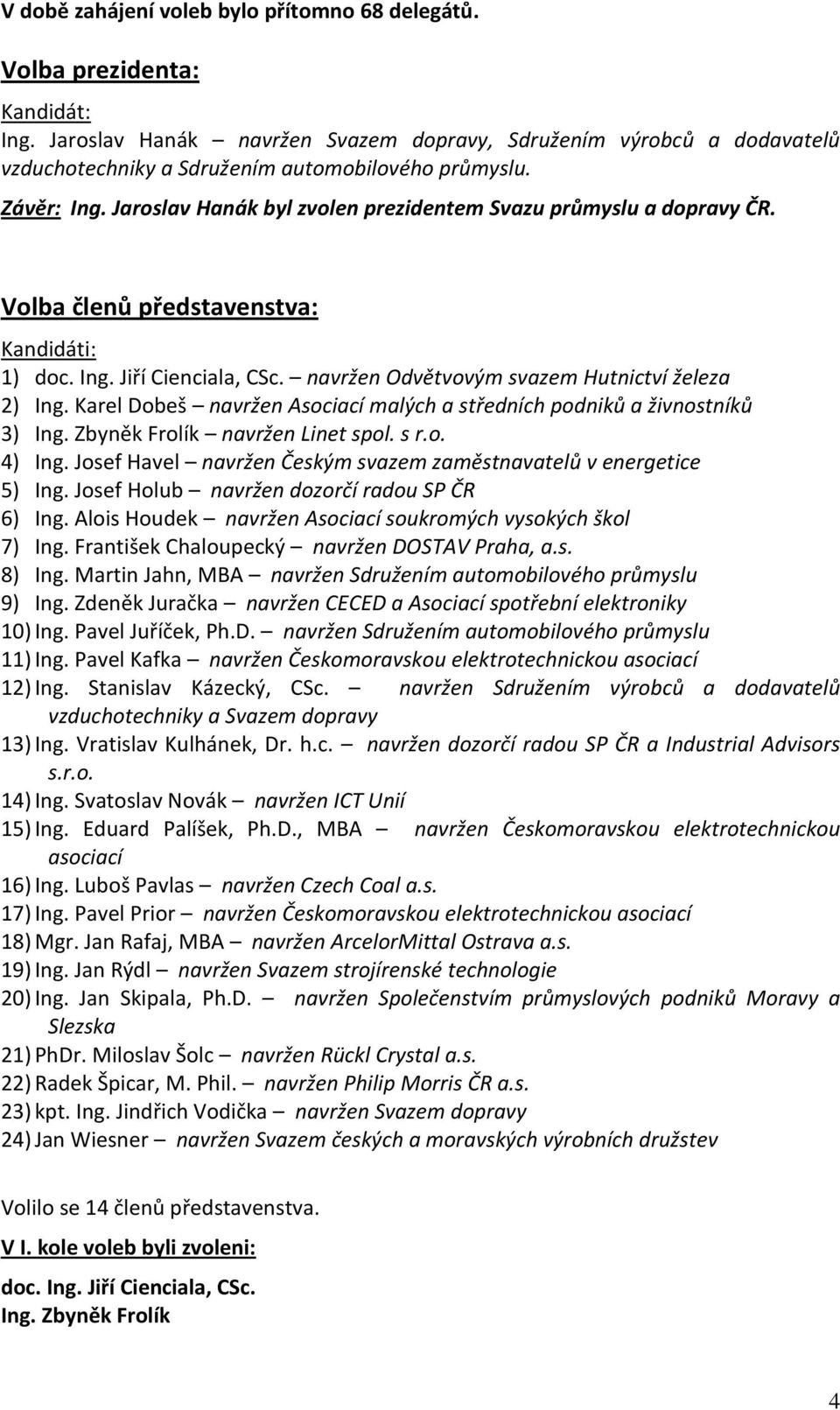 Jaroslav Hanák byl zvolen prezidentem Svazu průmyslu a dopravy ČR. Volba členů představenstva: 1) doc. Ing. Jiří Cienciala, CSc. navržen Odvětvovým svazem Hutnictví železa 2) Ing.