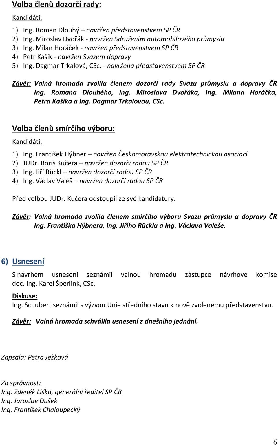 - navržena představenstvem SP ČR Závěr: Valná hromada zvolila členem dozorčí rady Svazu průmyslu a dopravy ČR Ing. Romana Dlouhého, Ing. Miroslava Dvořáka, Ing. Milana Horáčka, Petra Kašíka a Ing.