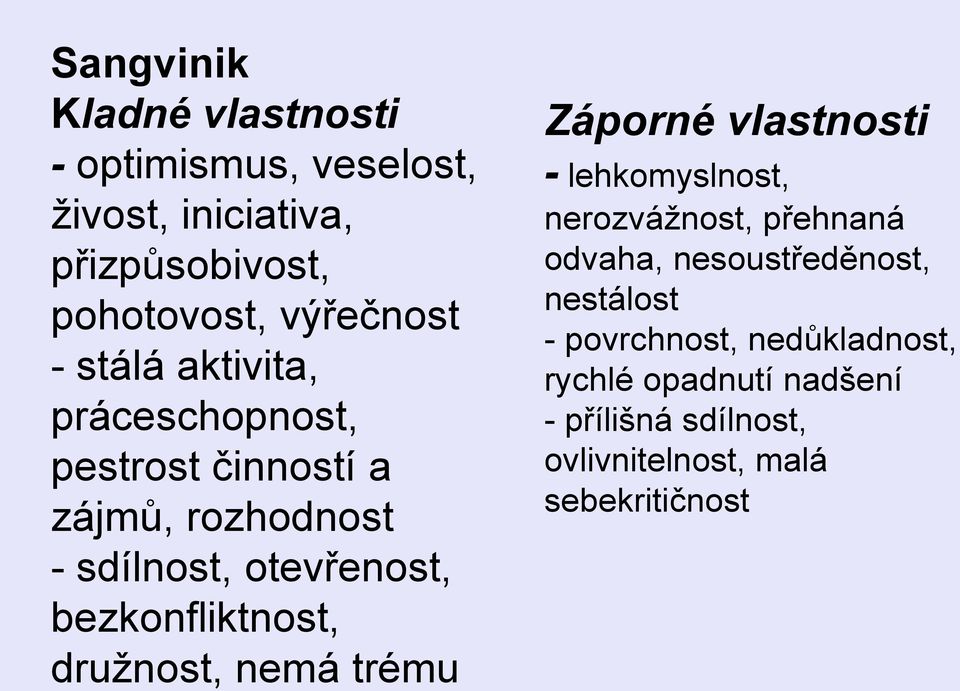 družnost, nemá trému Záporné vlastnosti - lehkomyslnost, nerozvážnost, přehnaná odvaha, nesoustředěnost,