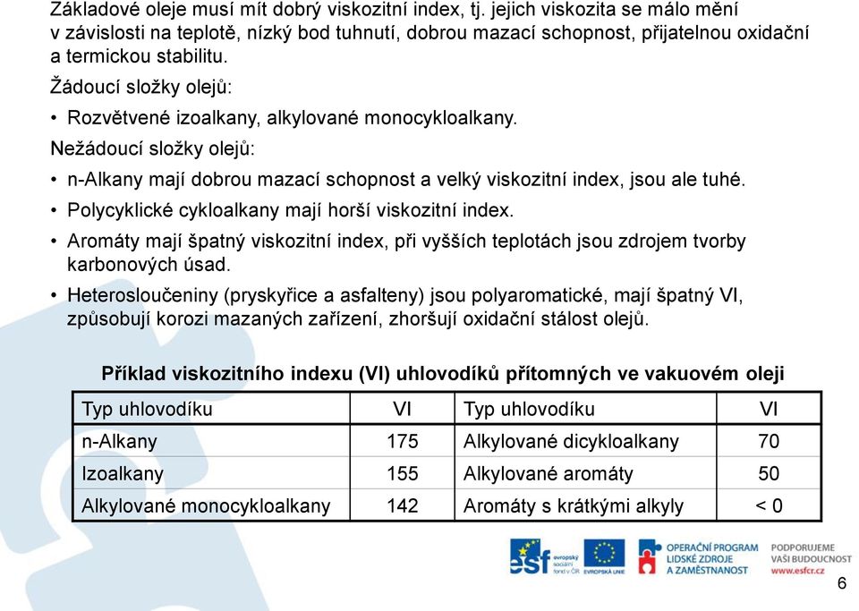 Polycyklické cykloalkany mají horší viskozitní index. Aromáty mají špatný viskozitní index, při vyšších teplotách jsou zdrojem tvorby karbonových úsad.