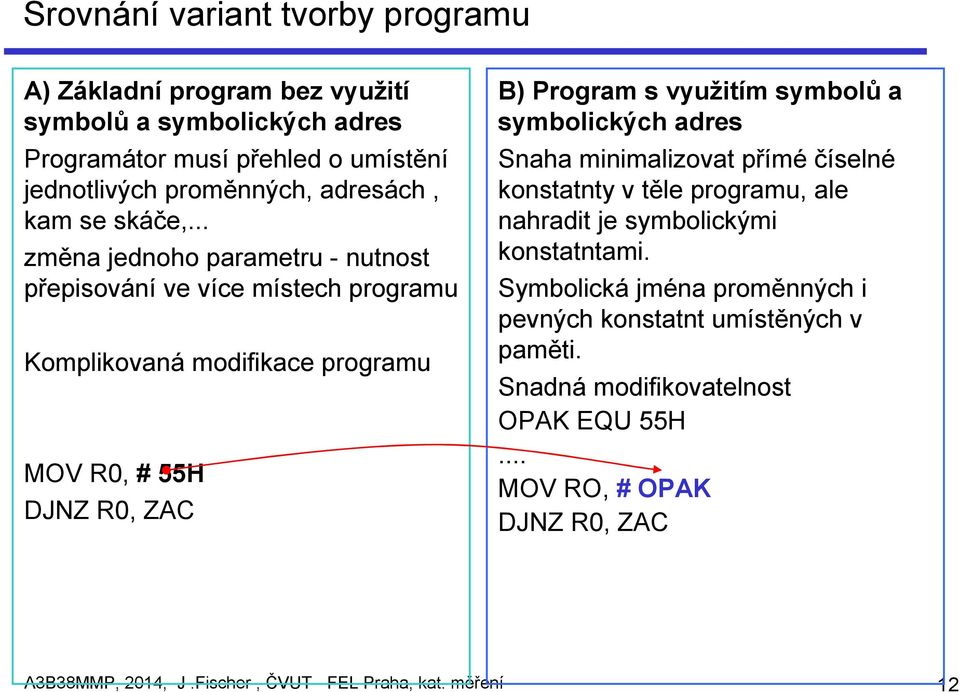 .. změna jednoho parametru - nutnost přepisování ve více místech programu Komplikovaná modifikace programu MOV R0, # 55H DJNZ R0, ZAC B) Program s využitím symbolů a