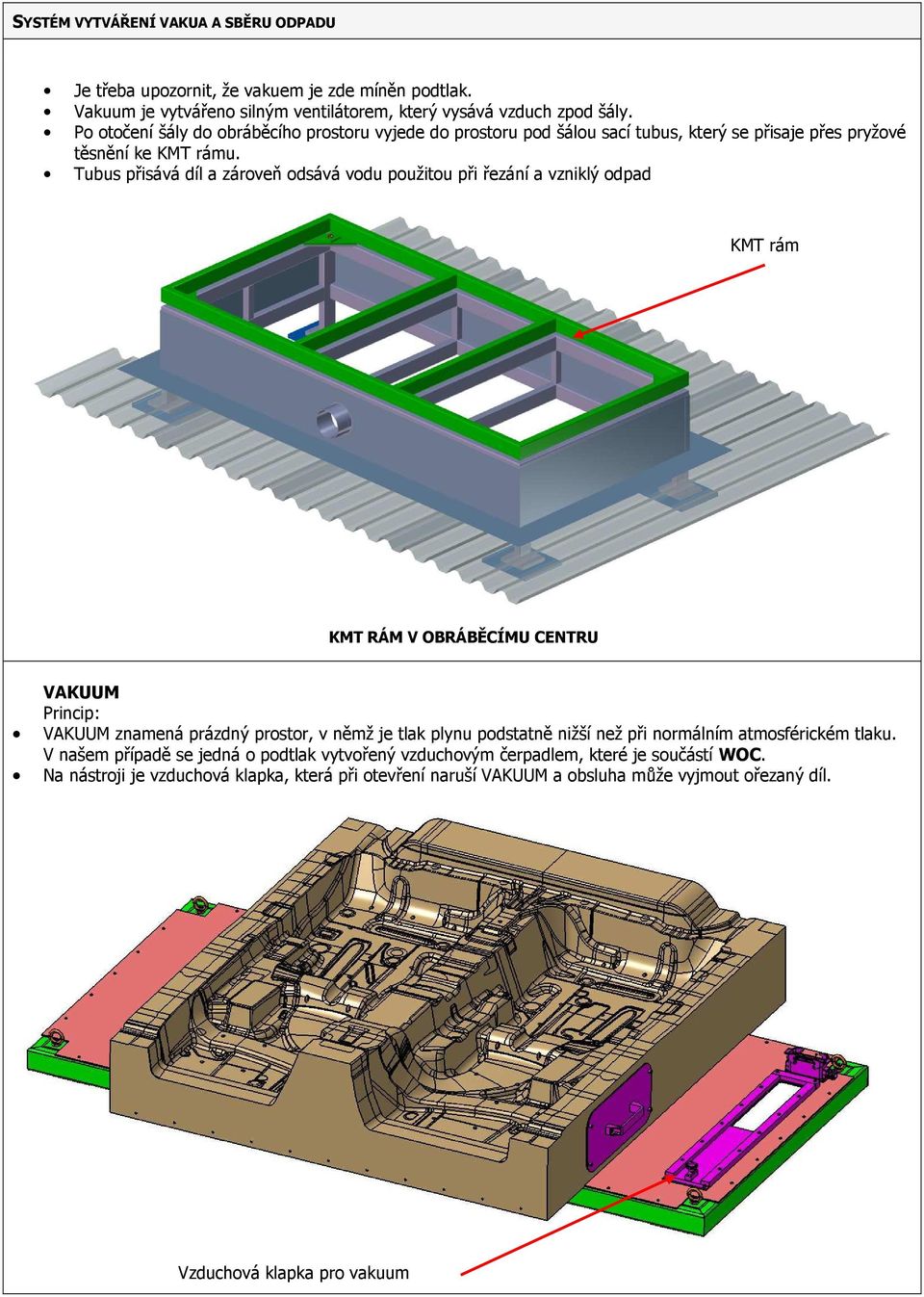 Tubus přisává díl a zároveň odsává vodu použitou při řezání a vzniklý odpad KMT rám KMT RÁM V OBRÁBĚCÍMU CENTRU VAKUUM Princip: VAKUUM znamená prázdný prostor, v němž je tlak plynu