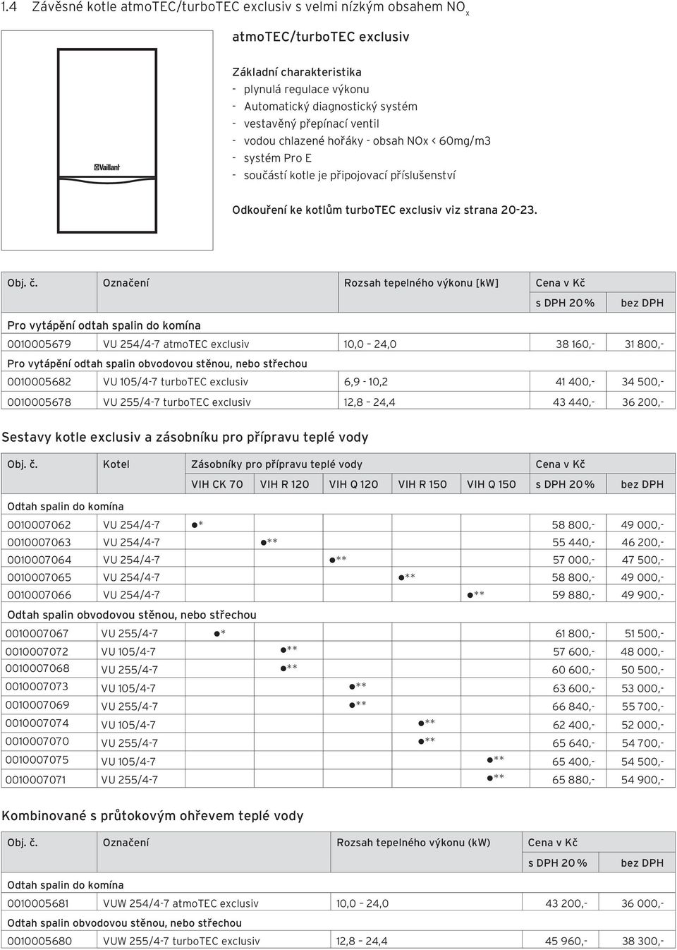 Označení Rozsah tepelného výkonu [kw] Cena v Kč s DPH 20 % Pro vytápění odtah spalin do komína 0010005679 VU 254/4-7 atmotec exclusiv 10,0 24,0 38 160,- 31 800,- Pro vytápění odtah spalin obvodovou