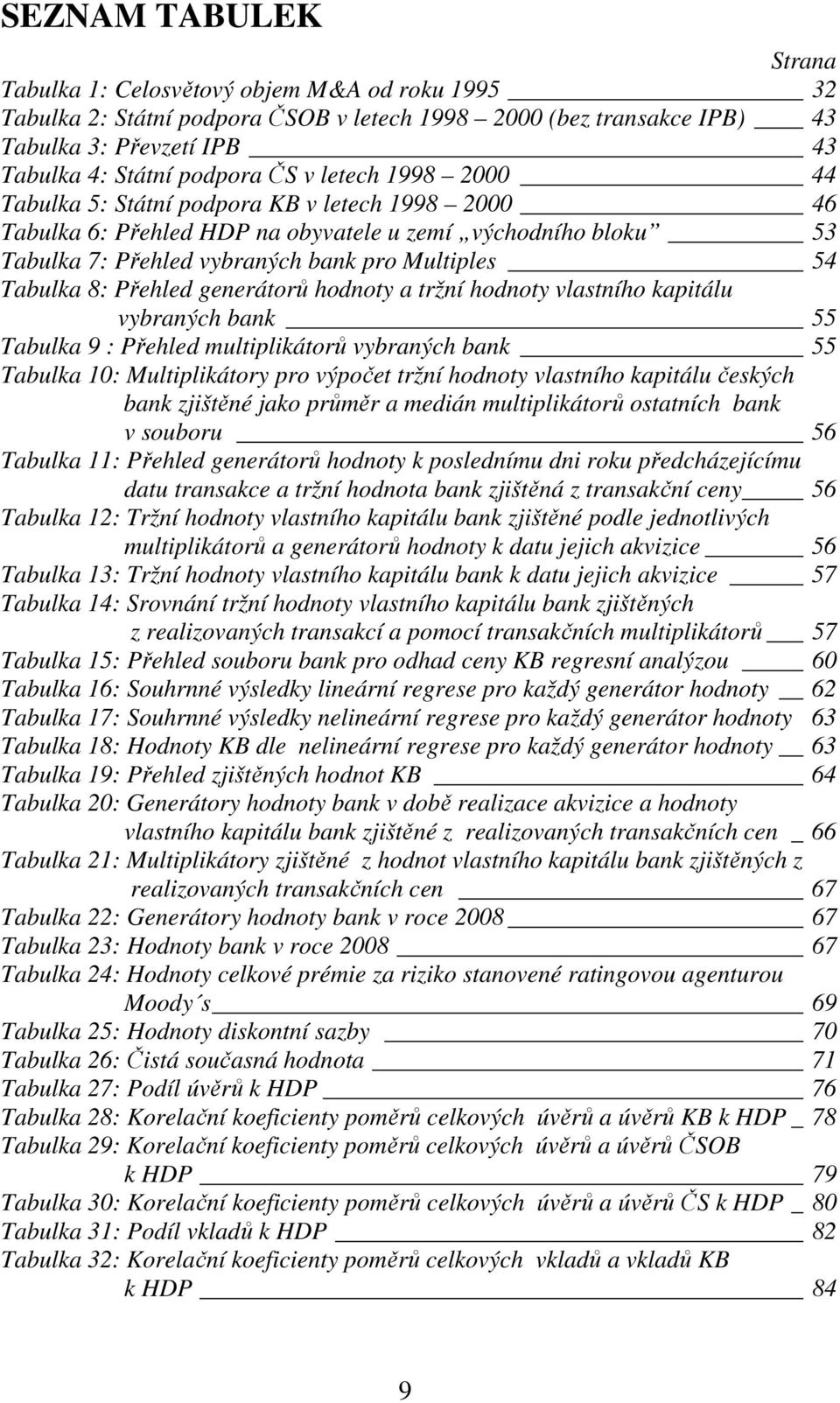 Přehled generátorů hodnoty a tržní hodnoty vlastního kapitálu vybraných bank 55 Tabulka 9 : Přehled multiplikátorů vybraných bank 55 Tabulka 10: Multiplikátory pro výpočet tržní hodnoty vlastního