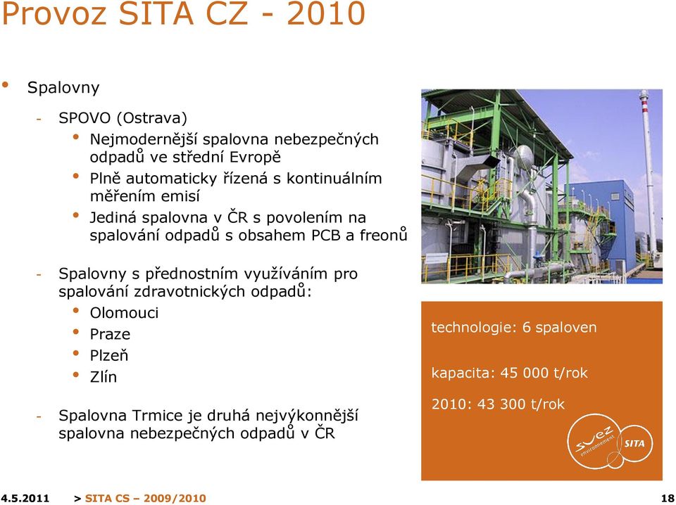 freonů - Spalovny s přednostním vyuţíváním pro spalování zdravotnických odpadů: Olomouci Praze Plzeň Zlín - Spalovna