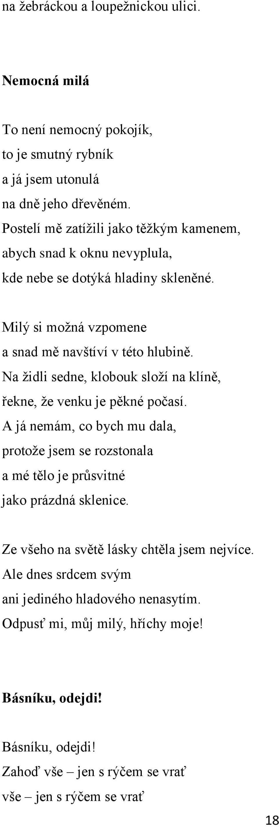 Na ţidli sedne, klobouk sloţí na klíně, řekne, ţe venku je pěkné počasí. A já nemám, co bych mu dala, protoţe jsem se rozstonala a mé tělo je průsvitné jako prázdná sklenice.