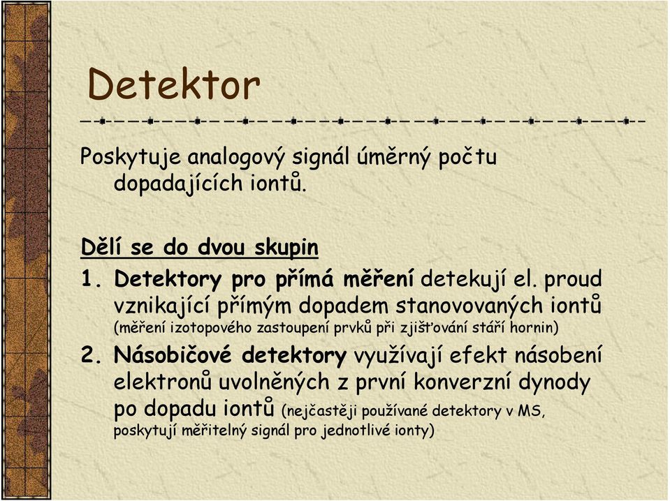 proud vznikající přímým dopadem stanovovaných iontů (měření izotopového zastoupení prvků při zjišťování stáří