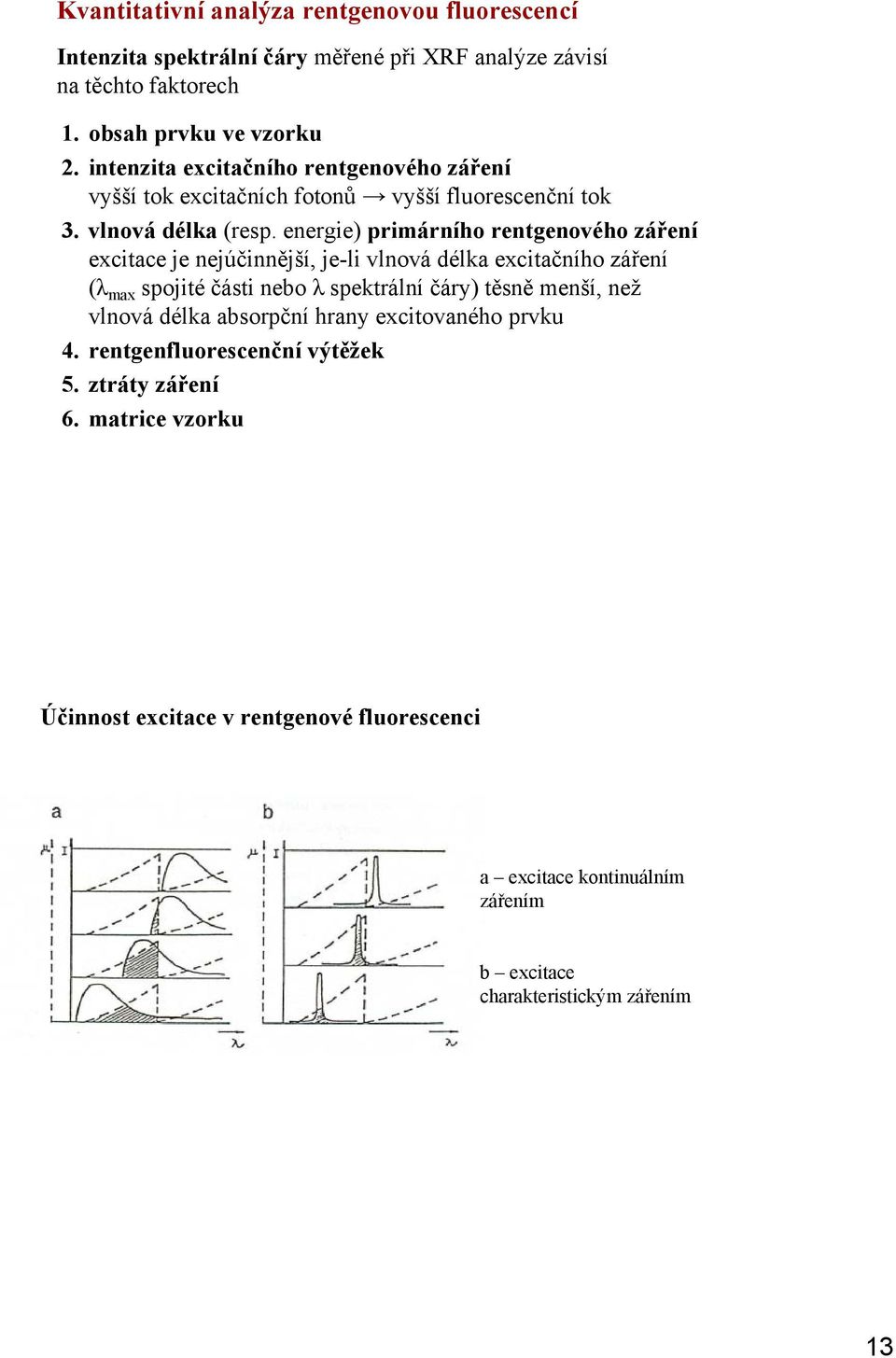 energie) primárního rentgenového záření excitace je nejúčinnější, je-li vlnová délka excitačního záření (λ max spojité části nebo λ spektrální čáry) těsně menší, než