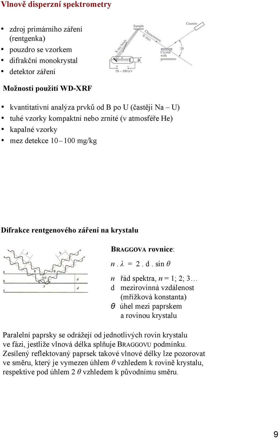 tekce 10 100 mg/kg Difrakce rentgenového záření na krystalu BRAGGOVA rovnice: n. λ = 2. d.