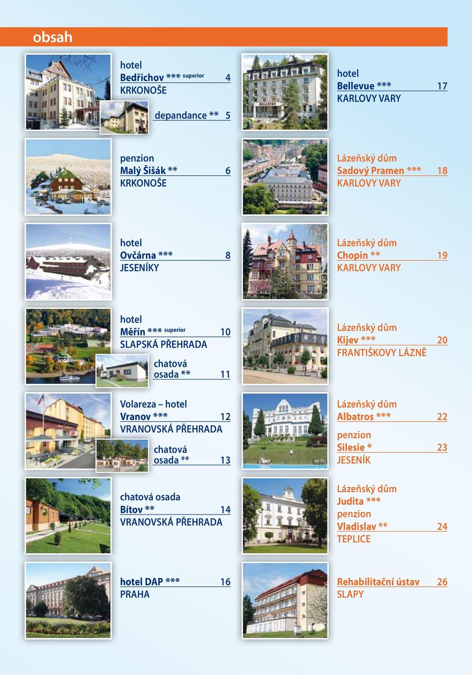 Volareza hotel Vranov *** 12 VRANOVSKÁ PŘEHRADA chatová osada ** 13 chatová osada Bítov ** 14 VRANOVSKÁ PŘEHRADA Lázeňský dům Kijev *** 20 FRANTIŠKOVY LÁZNĚ