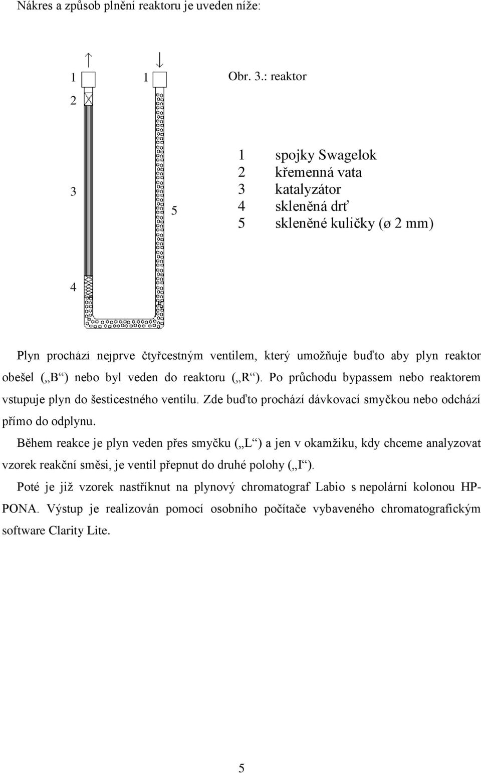 obešel ( B ) nebo byl veden do reaktoru ( R ). Po průchodu bypassem nebo reaktorem vstupuje plyn do šesticestného ventilu. Zde buďto prochází dávkovací smyčkou nebo odchází přímo do odplynu.