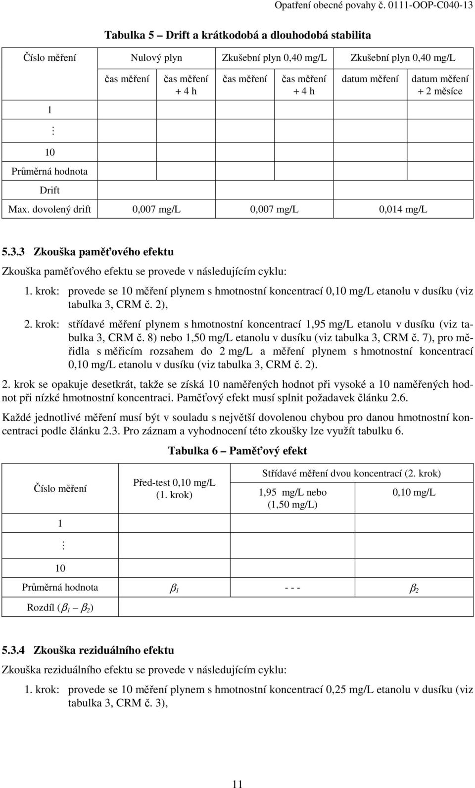 krok: provede se 10 měření plynem s hmotnostní koncentrací 0,10 etanolu v dusíku (viz tabulka 3, CRM č. 2), 2.