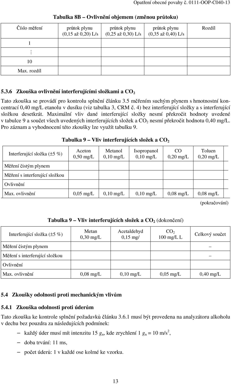 5 měřením suchým plynem s hmotnostní koncentrací 0,40 etanolu v dusíku (viz tabulka 3, CRM č. 4) bez interferující složky a s interferující složkou desetkrát.