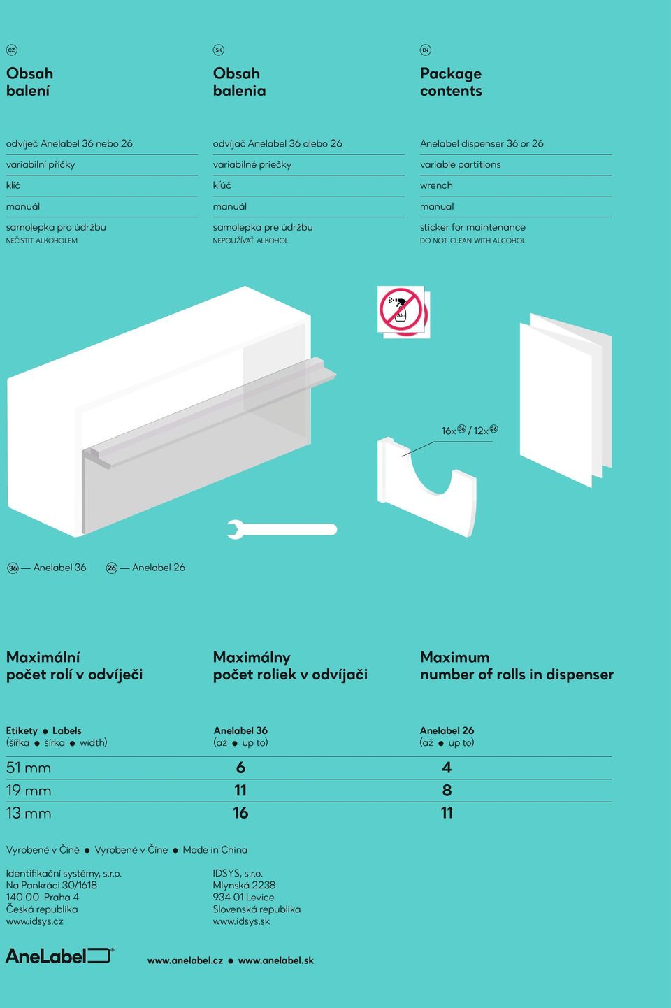 26 Anelabel 26 Maximální počet rolí v odvíječi Maximálny počet roliek v odvíjači Maximum number of rolls in dispenser Etikety Labels Anelabel 36 Anelabel 26 (šířka šírka width) (až up to) (až up to)